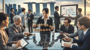 Modern Singapore skyline with managers at a conference table, strategizing with diagrams.