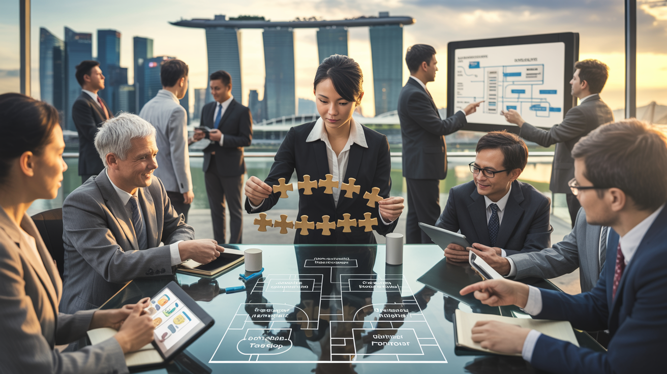 Modern Singapore skyline with managers at a conference table, strategizing with diagrams.