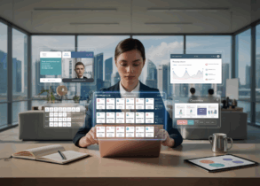 Modern workspace in Singapore with marketer using holographic interface, skyline view.