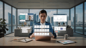 Modern workspace in Singapore with marketer using holographic interface, skyline view.