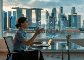 Professional at glass desk analyzing 3D AI metrics with Singapore skyline backdrop.