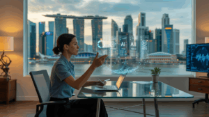 Professional at glass desk analyzing 3D AI metrics with Singapore skyline backdrop.