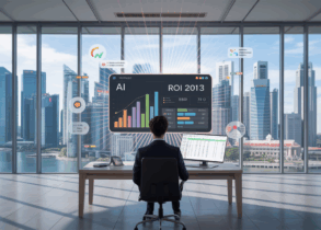 Professional in Singapore office views holographic AI ROI calculator with graphs, Marina Bay Sands visible.