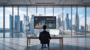 Professional in Singapore office views holographic AI ROI calculator with graphs, Marina Bay Sands visible.