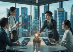 Professional meeting in Singapore skyscraper with holographic AI displays.