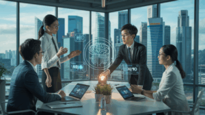 Professional meeting in Singapore skyscraper with holographic AI displays.