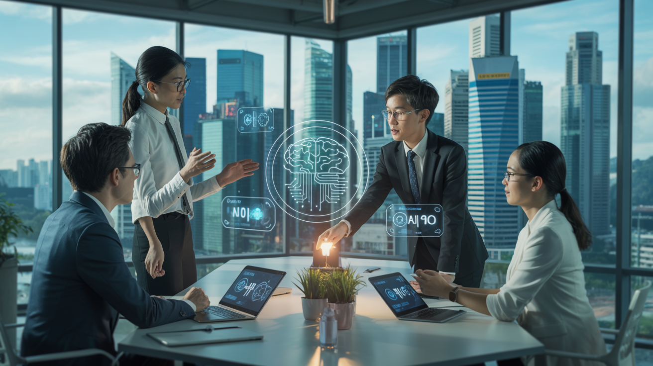 Professional meeting in Singapore skyscraper with holographic AI displays.