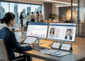 Professional recruiter reviews EQ data at modern desk in Singapore office.