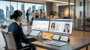 Professional recruiter reviews EQ data at modern desk in Singapore office.