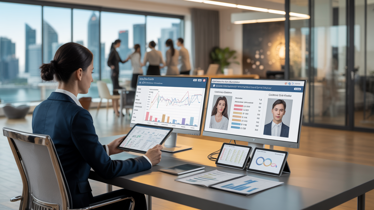 Professional recruiter reviews EQ data at modern desk in Singapore office.