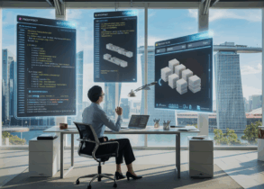 Professional Singapore office with holographic AI displays, Marina Bay Sands view.