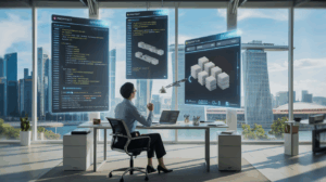Professional Singapore office with holographic AI displays, Marina Bay Sands view.