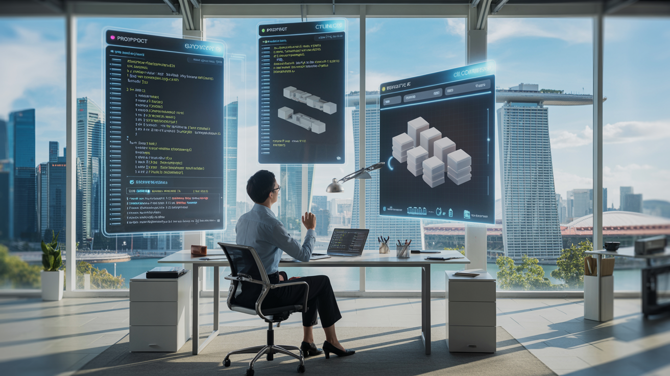 Professional Singapore office with holographic AI displays, Marina Bay Sands view.