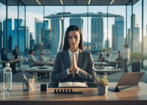 Professional woman in business attire practicing mindfulness at an organized desk, with Marina Bay Sands view.