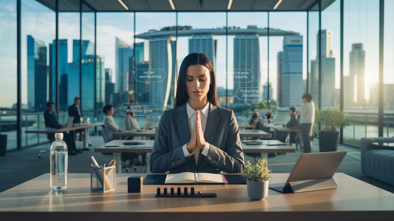Professional woman in business attire practicing mindfulness at an organized desk, with Marina Bay Sands view.