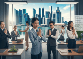 Serene Singapore office with diverse professionals practicing stress management techniques.