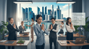Serene Singapore office with diverse professionals practicing stress management techniques.