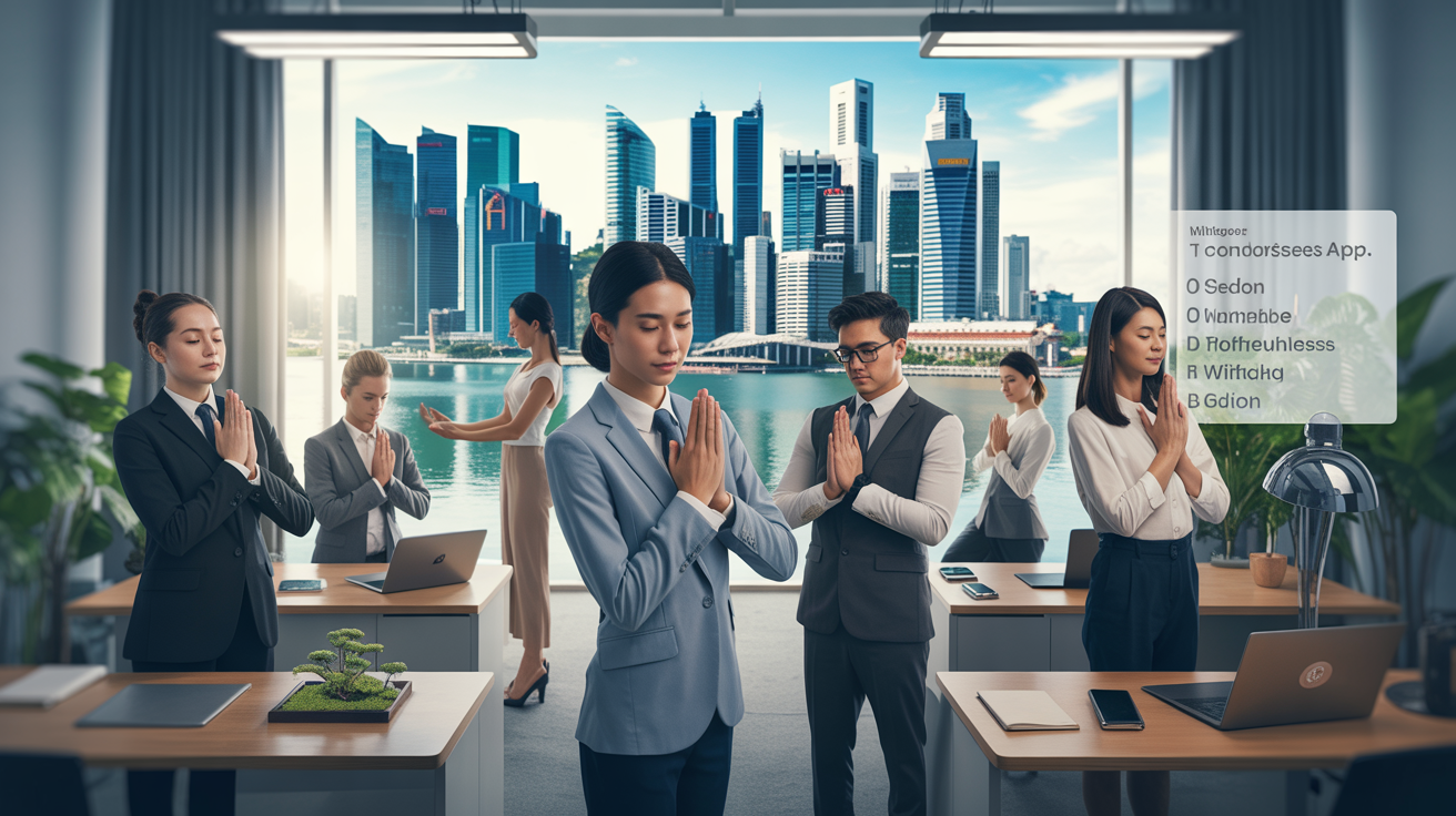 Serene Singapore office with diverse professionals practicing stress management techniques.
