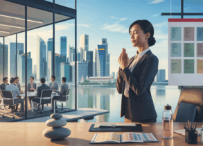 Serene Singapore skyline at dawn, Asian manager practicing mindfulness in modern office.