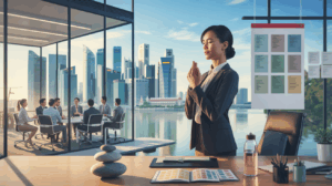 Serene Singapore skyline at dawn, Asian manager practicing mindfulness in modern office.