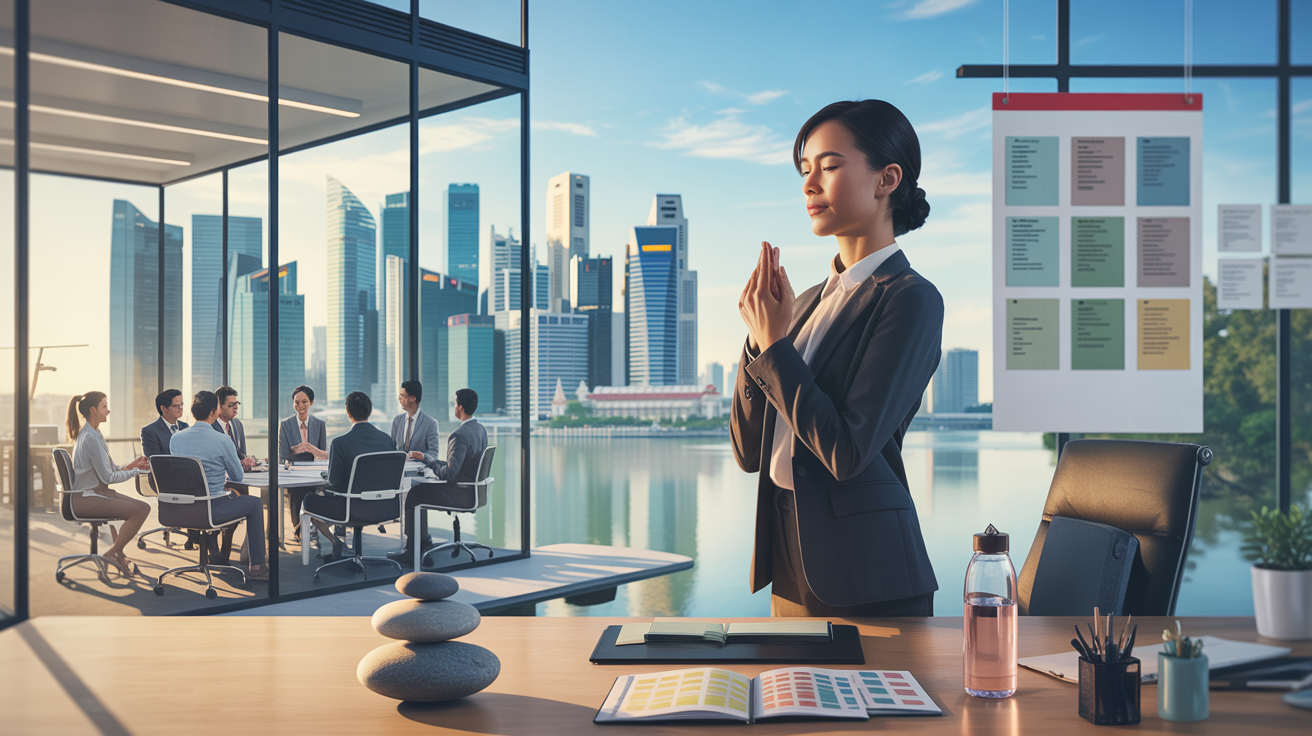 Serene Singapore skyline at dawn, Asian manager practicing mindfulness in modern office.