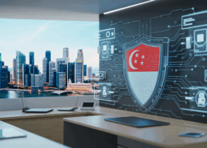 Singapore cityscape with digital shield protecting data flow, holographic displays, and tech symbols.