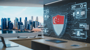 Singapore cityscape with digital shield protecting data flow, holographic displays, and tech symbols.