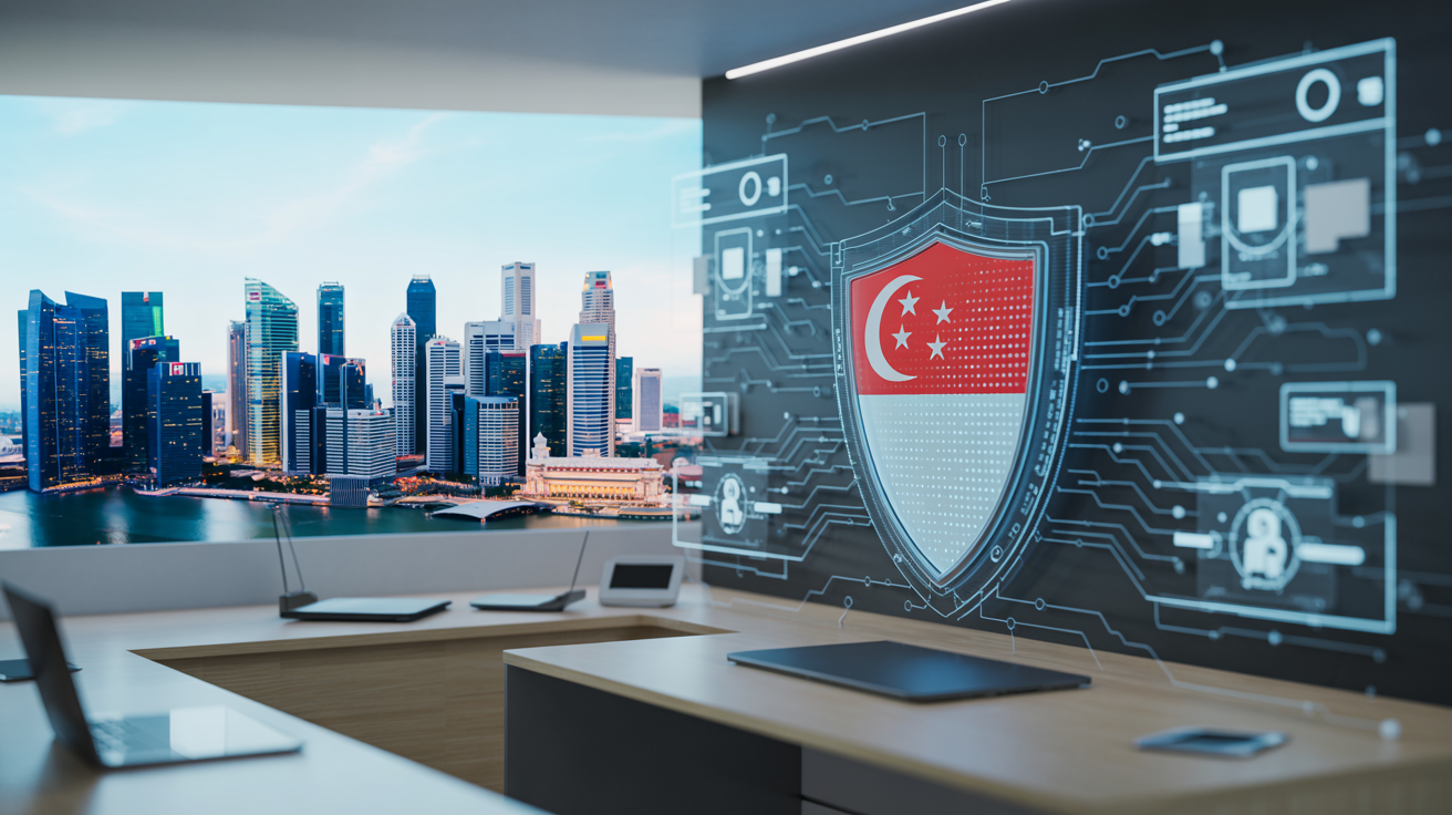 Singapore cityscape with digital shield protecting data flow, holographic displays, and tech symbols.