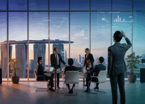 Singapore office with diverse professionals, holographic AI tools, Marina Bay Sands view.