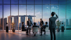Singapore office with diverse professionals, holographic AI tools, Marina Bay Sands view.