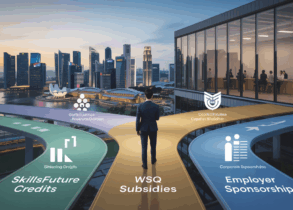 Singapore skyline at dusk with pathways to training center, funding options illustrated.