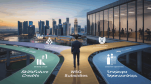 Singapore skyline at dusk with pathways to training center, funding options illustrated.