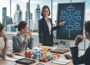 Singaporean businesswoman leads problem-solving workshop in modern office with city skyline view.