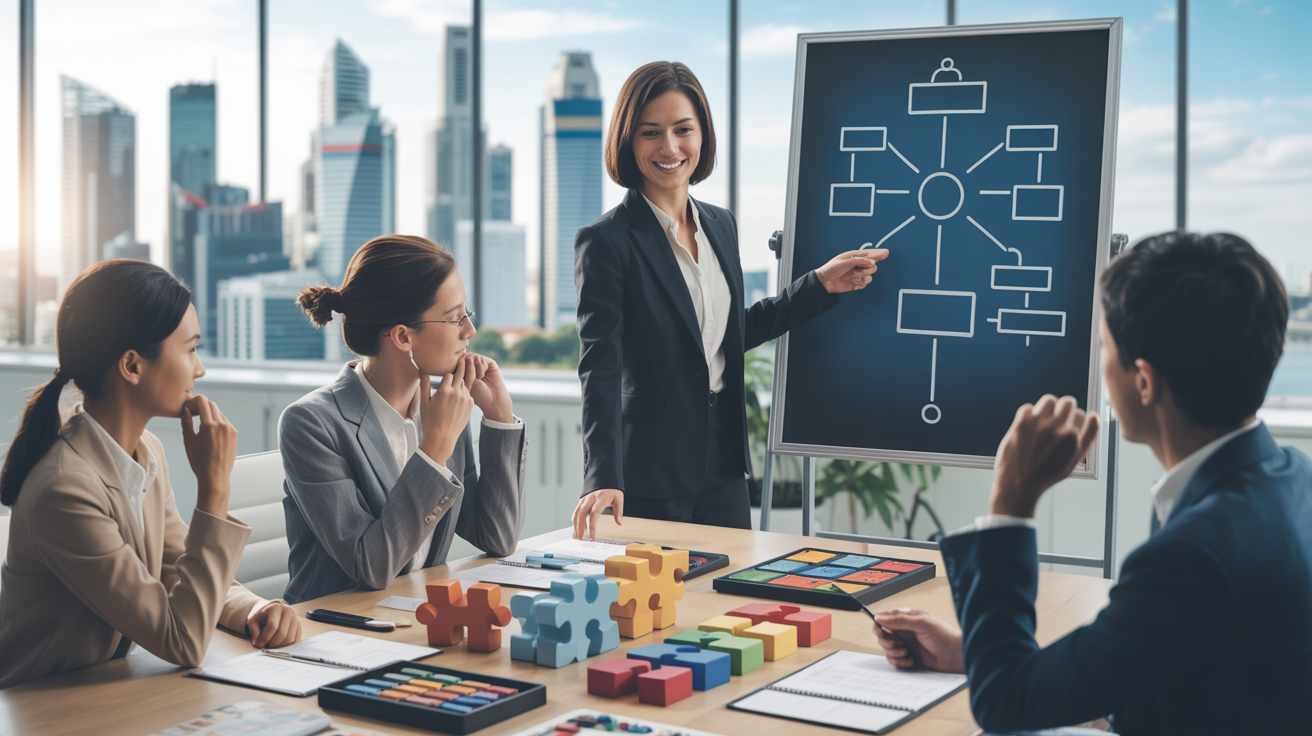 Singaporean businesswoman leads problem-solving workshop in modern office with city skyline view.