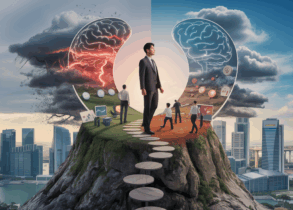 Singaporean professional balances on brain-shaped peak, contrasting stress and productivity.