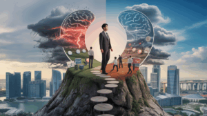 Singaporean professional balances on brain-shaped peak, contrasting stress and productivity.