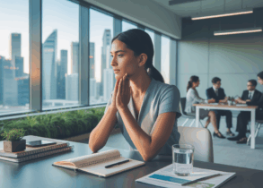 Singaporean professional reflecting at desk with wellness journal, skyline view, calm office.