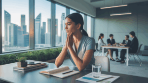 Singaporean professional reflecting at desk with wellness journal, skyline view, calm office.