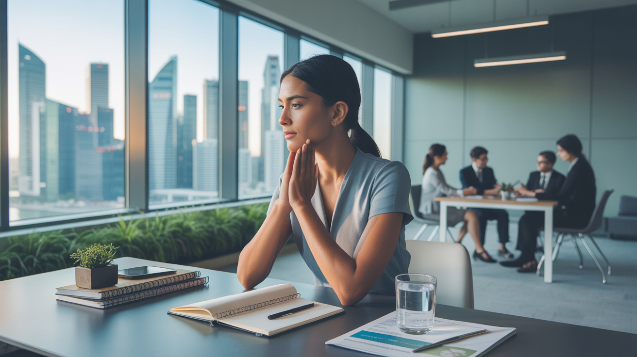 Singaporean professional reflecting at desk with wellness journal, skyline view, calm office.