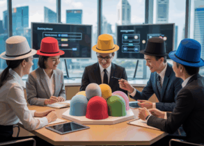 Six professionals in colored thinking hats collaborate in a modern Singapore meeting room.
