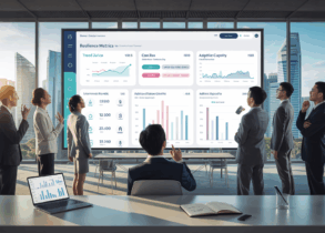 Sleek dashboard in Singapore office with diverse group analyzing data, city view visible.