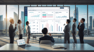 Sleek dashboard in Singapore office with diverse group analyzing data, city view visible.