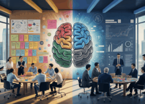 Split-screen of design vs critical thinking in a Singaporean office; creative team with colorful notes contrasts with data analysis setup, unified by a central brain motif.