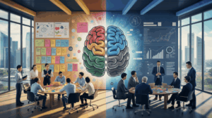 Split-screen of design vs critical thinking in a Singaporean office; creative team with colorful notes contrasts with data analysis setup, unified by a central brain motif.