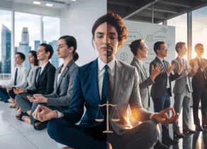 Split-screen of leaders meditating and engaging in an emotional intelligence workshop in a Singapore office.