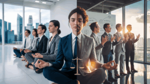 Split-screen of leaders meditating and engaging in an emotional intelligence workshop in a Singapore office.