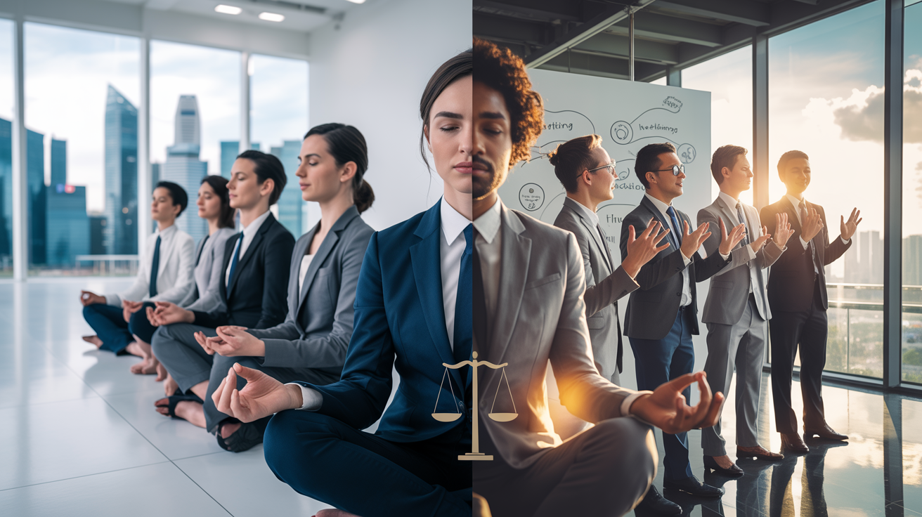 Split-screen of leaders meditating and engaging in an emotional intelligence workshop in a Singapore office.