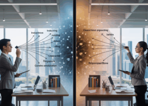 Split-screen of Singapore executives using inductive and deductive reasoning in a modern office.