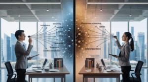 Split-screen of Singapore executives using inductive and deductive reasoning in a modern office.