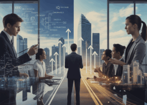 Split-screen of Singapore office: left IQ executive with analytics, right EQ team meeting.